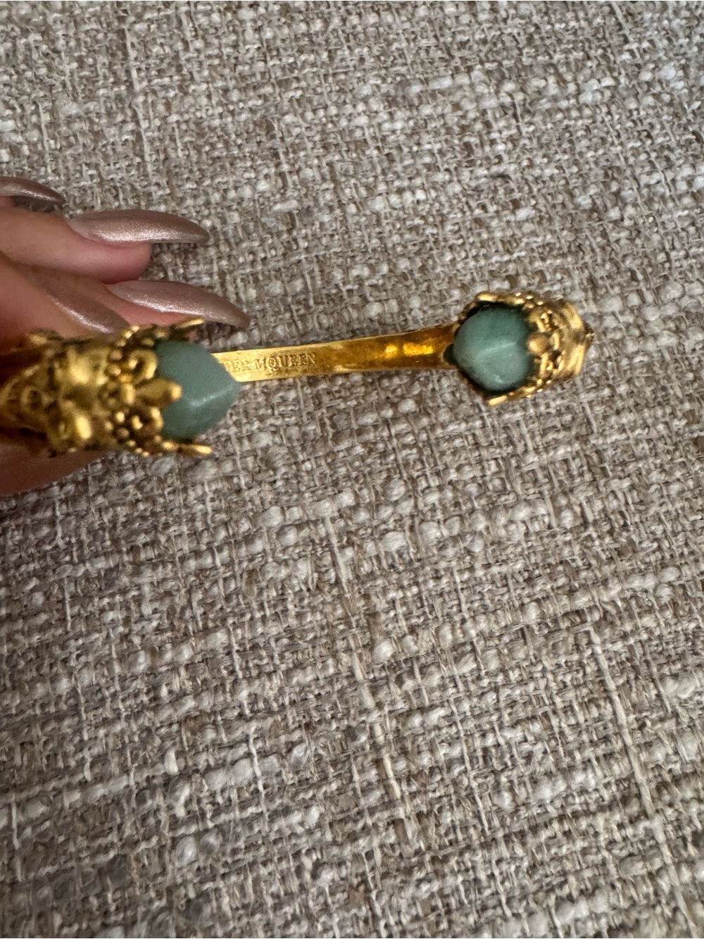 Alexander McQueen Gold Cuff with Sage-Green Stones